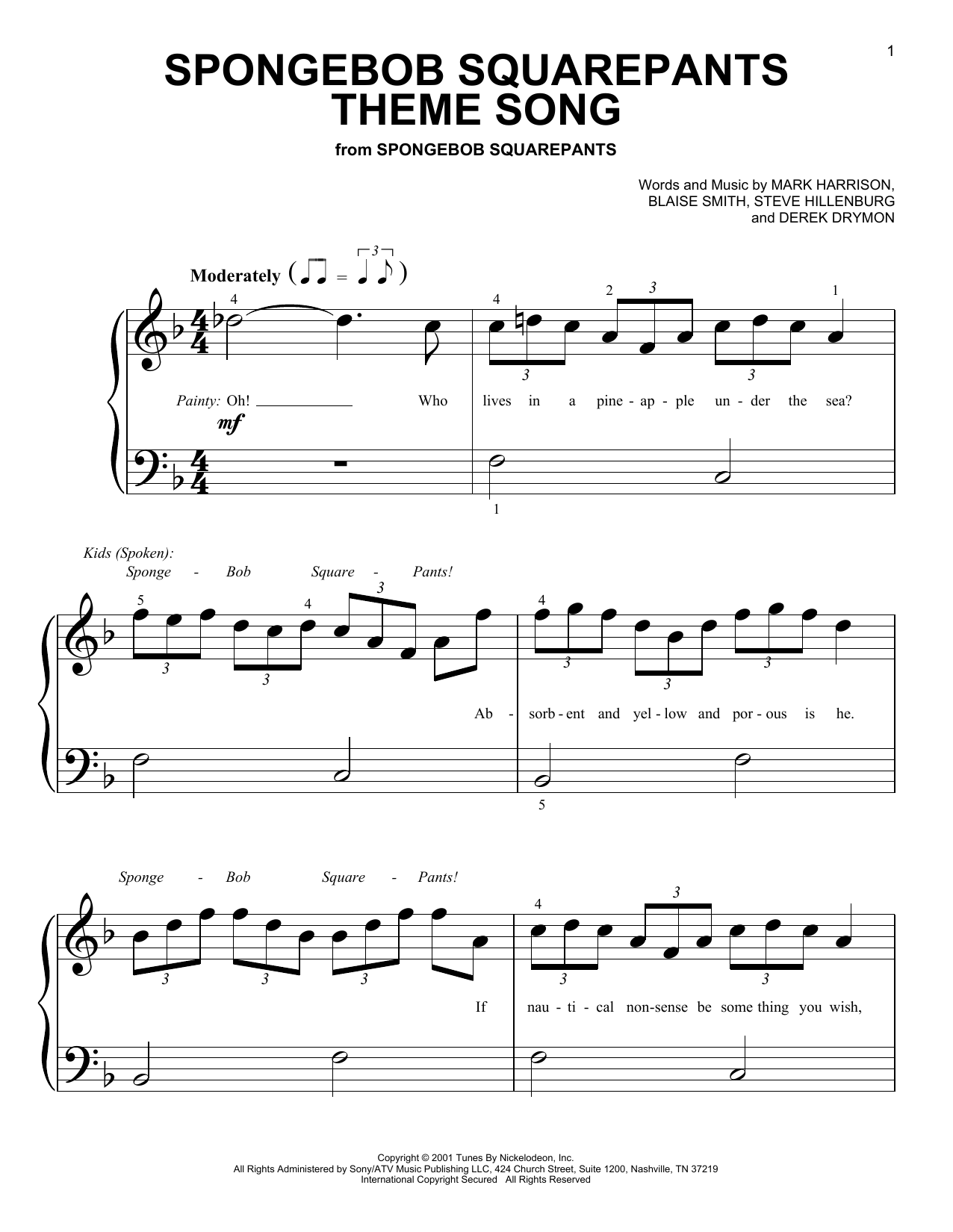 Download Mark Harrison SpongeBob SquarePants Theme Song Sheet Music and learn how to play Piano (Big Notes) PDF digital score in minutes