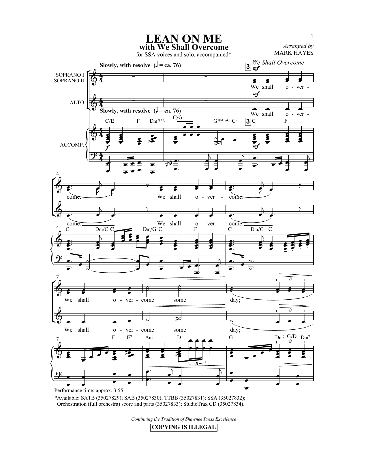 Download Mark Hayes Lean On Me (with We Shall Overcome) Sheet Music and learn how to play TTBB PDF digital score in minutes