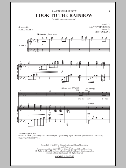 Download Burton Lane Look To The Rainbow (arr. Mark Hayes) Sheet Music and learn how to play SAB PDF digital score in minutes
