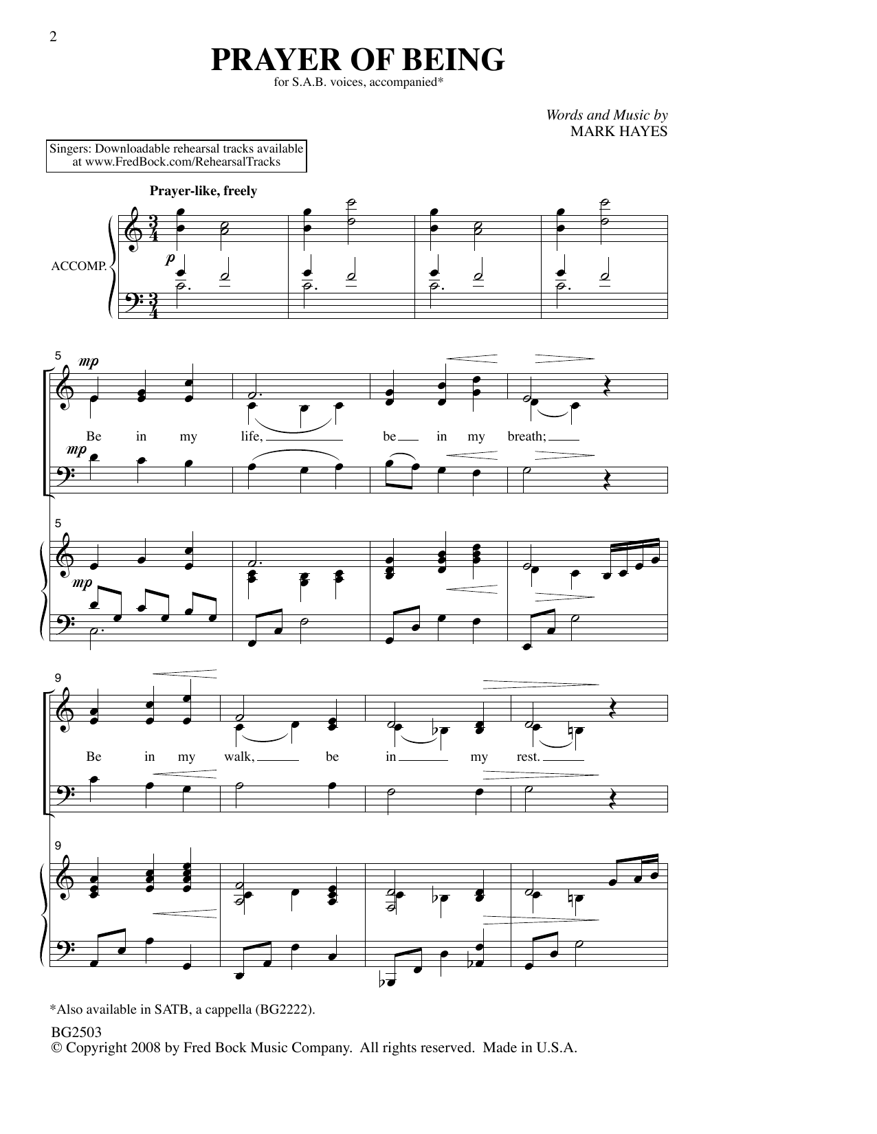 Download Mark Hayes Prayer Of Being Sheet Music and learn how to play SATB Choir PDF digital score in minutes