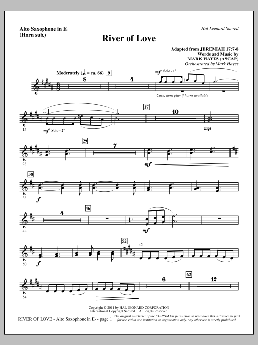 Download Mark Hayes River Of Love - Alto Sax (sub. Horn) Sheet Music and learn how to play Choir Instrumental Pak PDF digital score in minutes