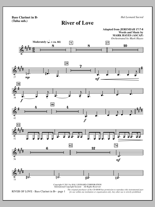Download Mark Hayes River Of Love - Bass Clarinet (sub. Tuba) Sheet Music and learn how to play Choir Instrumental Pak PDF digital score in minutes