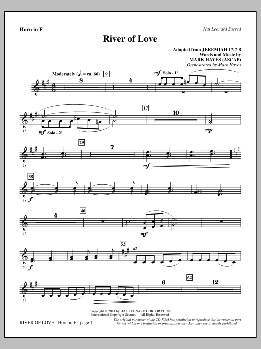 Download Mark Hayes River Of Love - F Horn Sheet Music and learn how to play Choir Instrumental Pak PDF digital score in minutes