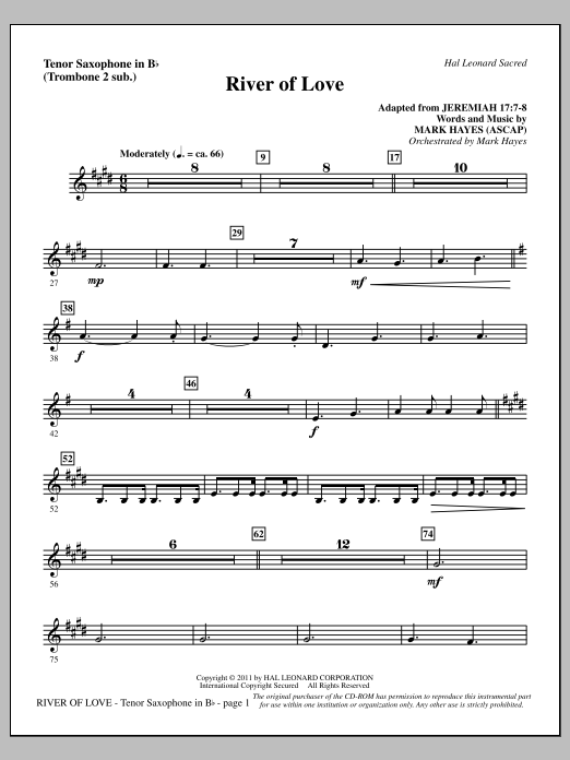 Download Mark Hayes River Of Love - Tenor Sax (sub. Tbn 2) Sheet Music and learn how to play Choir Instrumental Pak PDF digital score in minutes