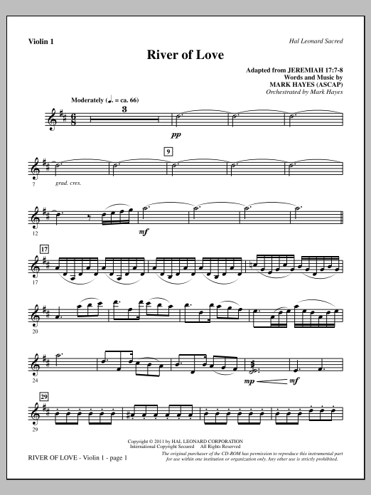 Download Mark Hayes River Of Love - Violin 1 Sheet Music and learn how to play Choir Instrumental Pak PDF digital score in minutes