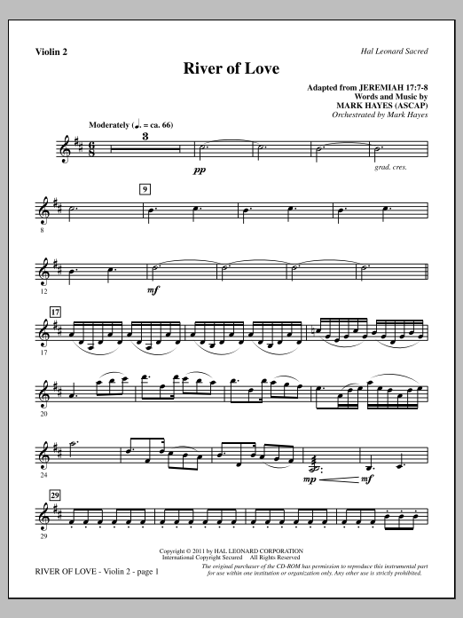 Download Mark Hayes River Of Love - Violin 2 Sheet Music and learn how to play Choir Instrumental Pak PDF digital score in minutes