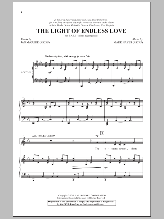 Download Mark Hayes The Light Of Endless Love Sheet Music and learn how to play SATB Choir PDF digital score in minutes