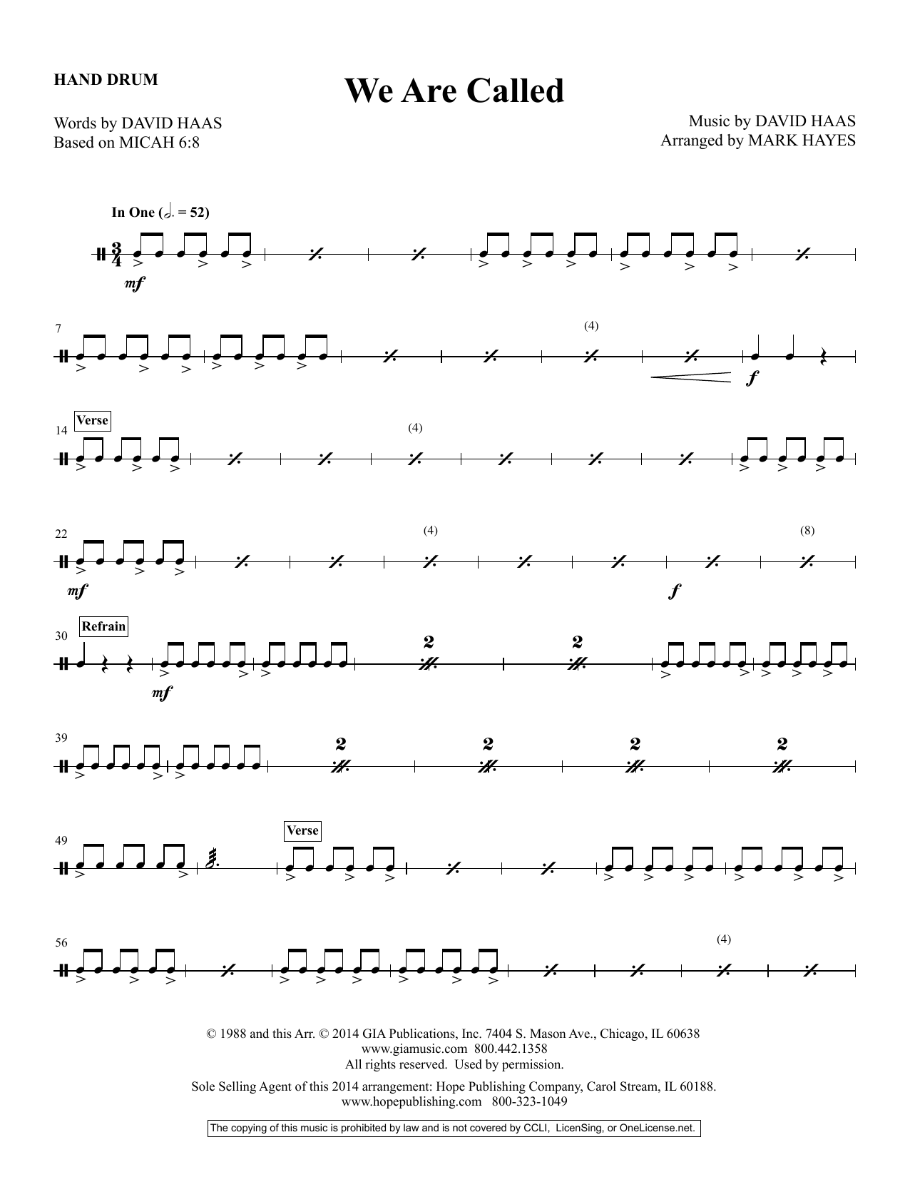 Download Mark Hayes We Are Called - Hand Drum Sheet Music and learn how to play Choir Instrumental Pak PDF digital score in minutes