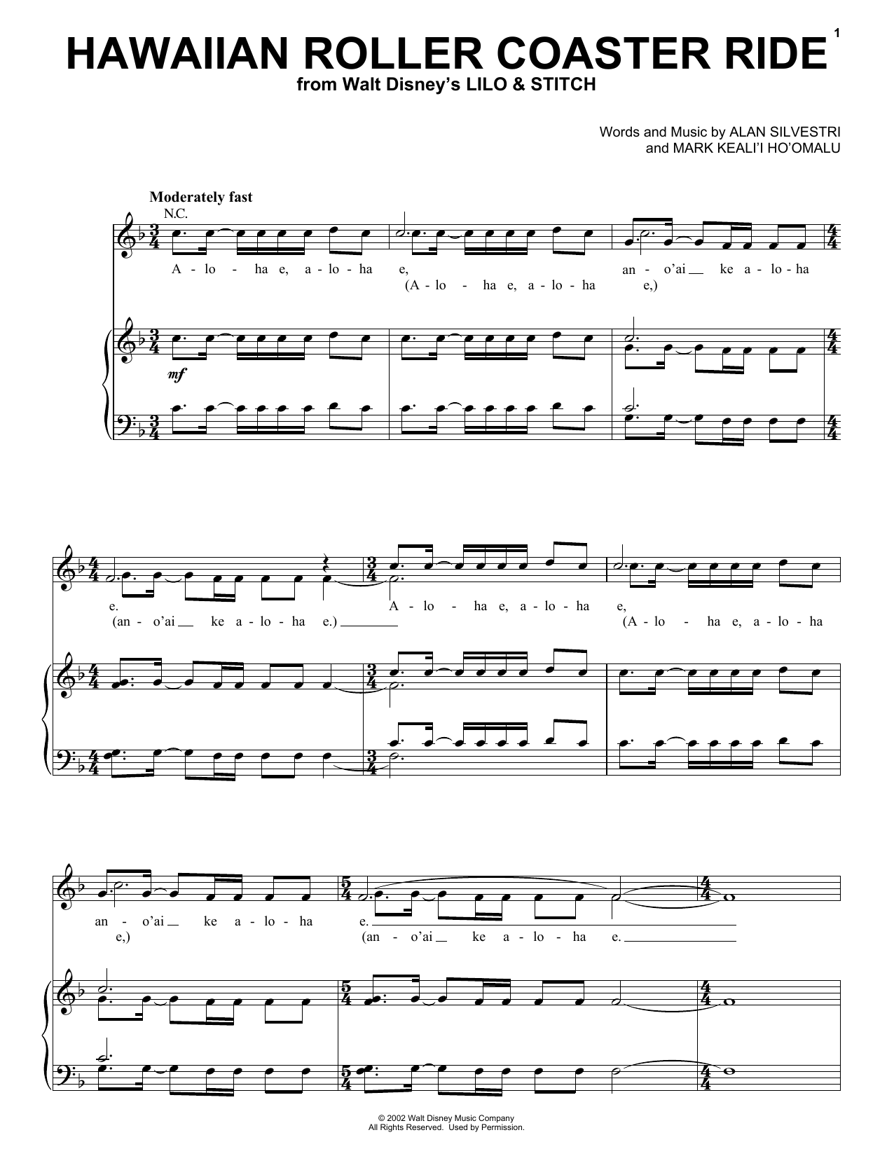 Download Mark Keali'i Ho'omalu Hawaiian Roller Coaster Ride (from Lilo & Stitch) Sheet Music and learn how to play Super Easy Piano PDF digital score in minutes