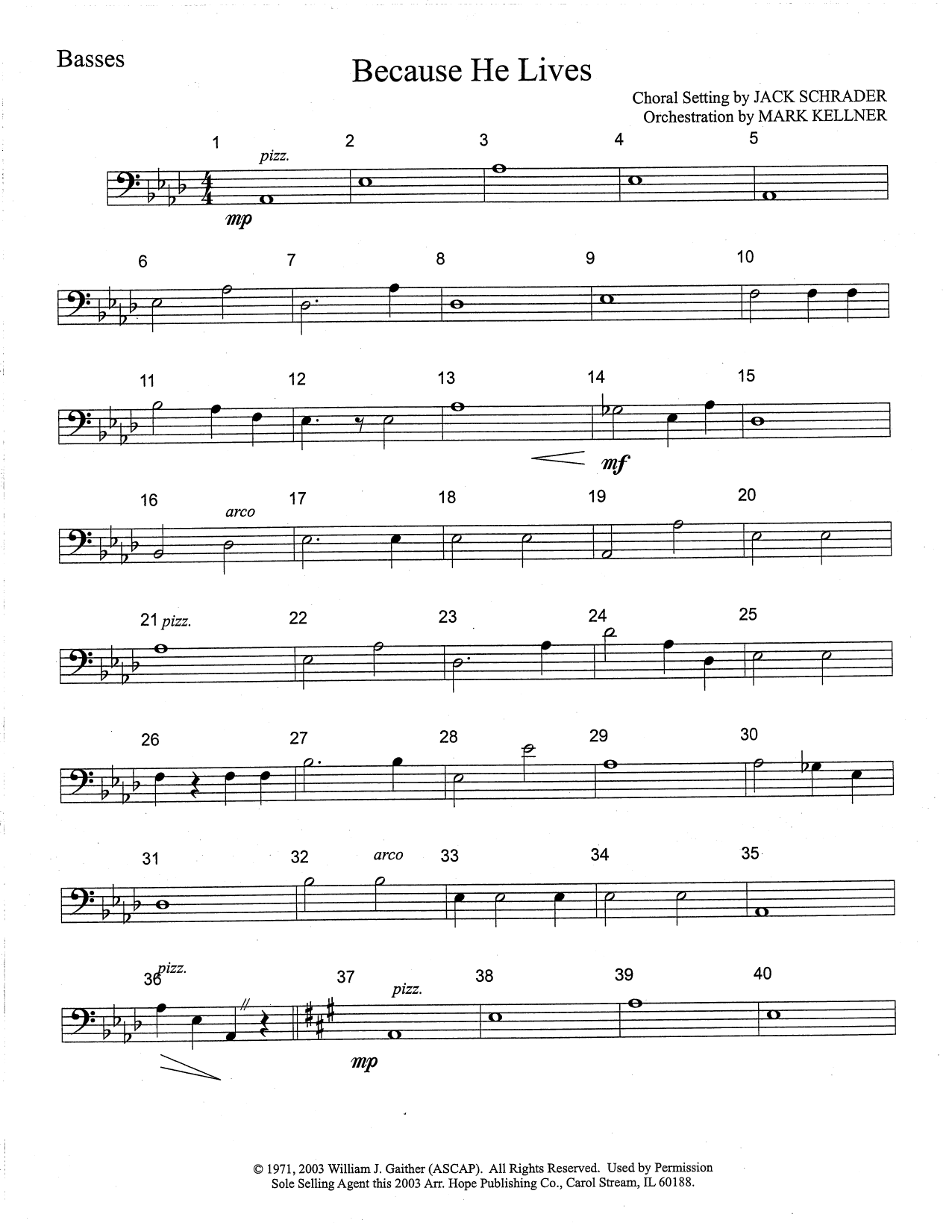 Download Mark Kellner Because He Lives - Bass Sheet Music and learn how to play Choir Instrumental Pak PDF digital score in minutes