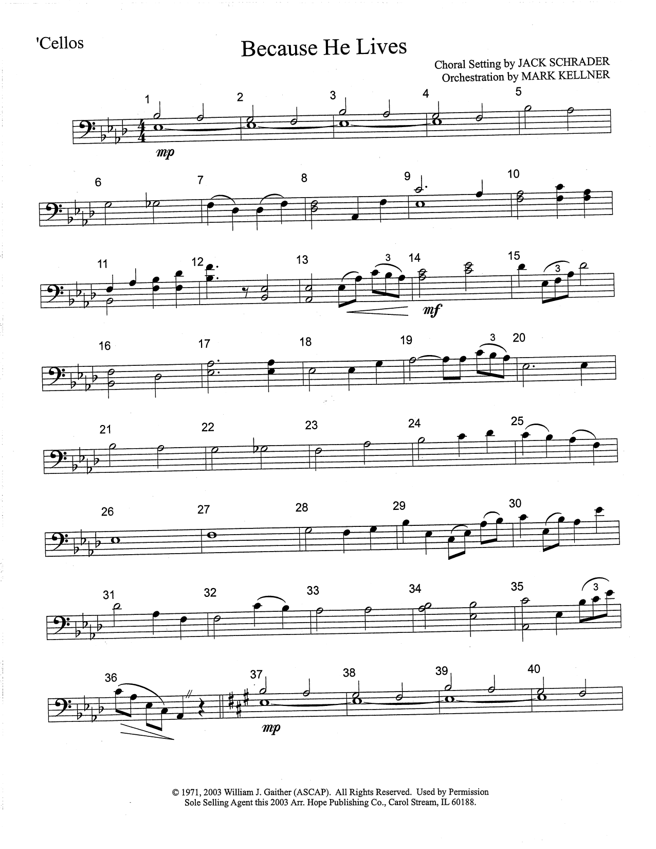 Download Mark Kellner Because He Lives - Cello Sheet Music and learn how to play Choir Instrumental Pak PDF digital score in minutes