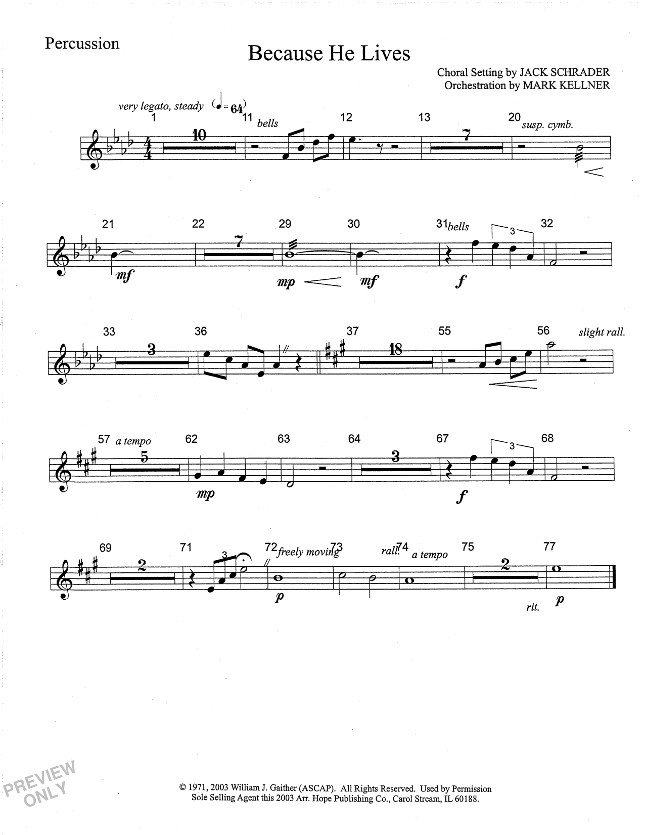 Download Mark Kellner Because He Lives - Percussion Sheet Music and learn how to play Choir Instrumental Pak PDF digital score in minutes
