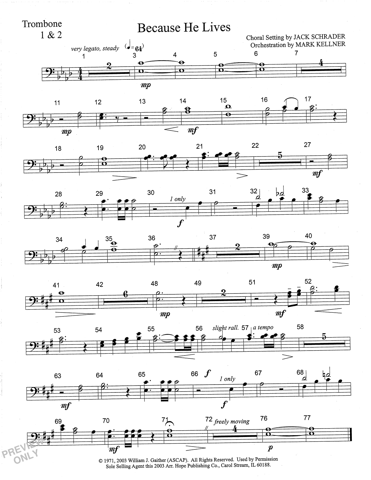 Download Mark Kellner Because He Lives - Trombone 1 & 2 Sheet Music and learn how to play Choir Instrumental Pak PDF digital score in minutes