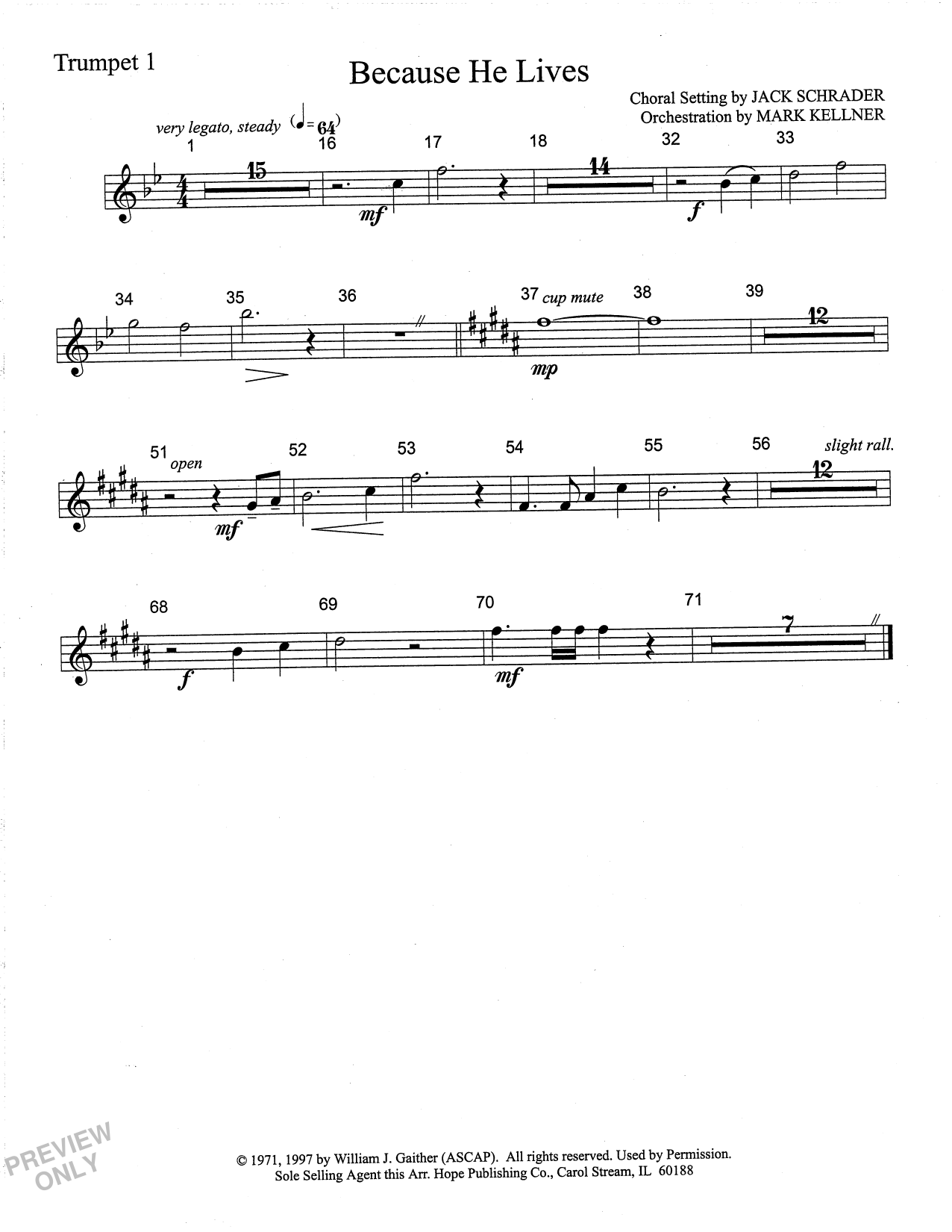 Download Mark Kellner Because He Lives - Trumpet 1 Sheet Music and learn how to play Choir Instrumental Pak PDF digital score in minutes