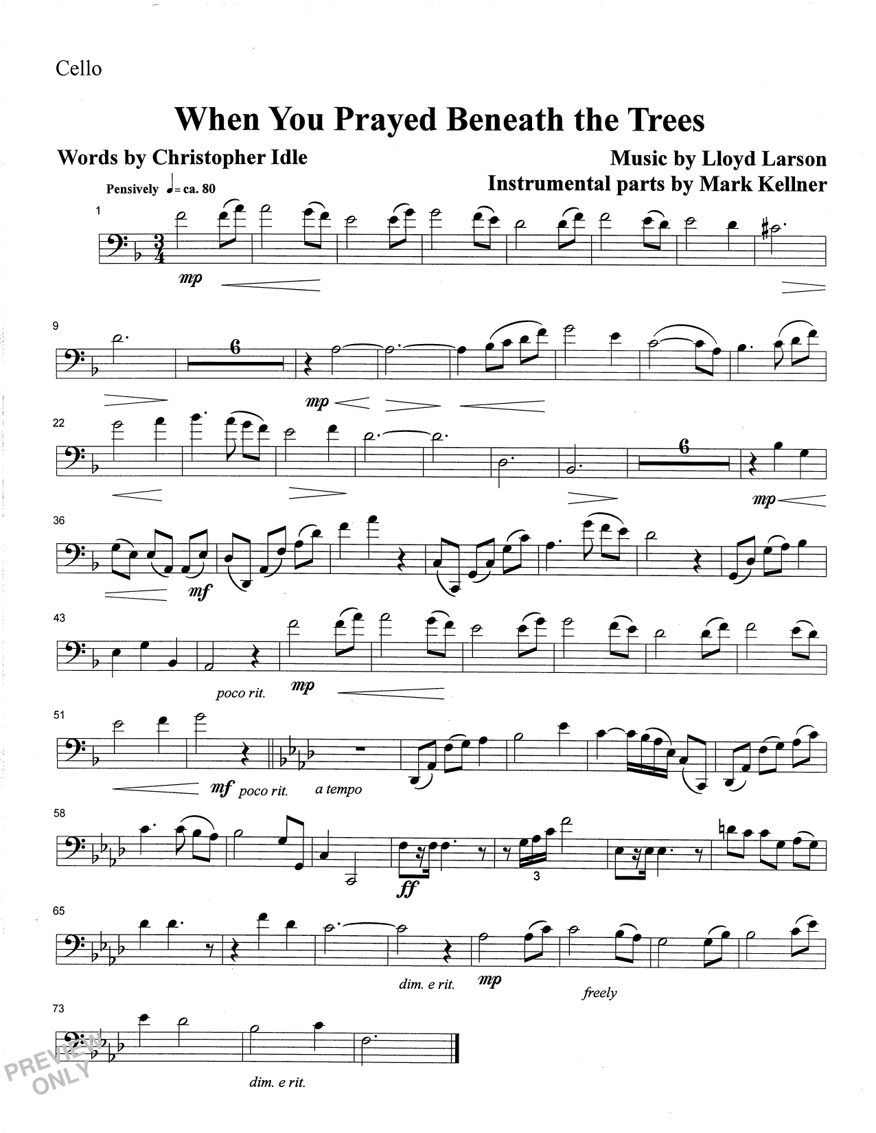 Download Mark Kellner When You Prayed Beneath The Trees - Cello Sheet Music and learn how to play Choir Instrumental Pak PDF digital score in minutes