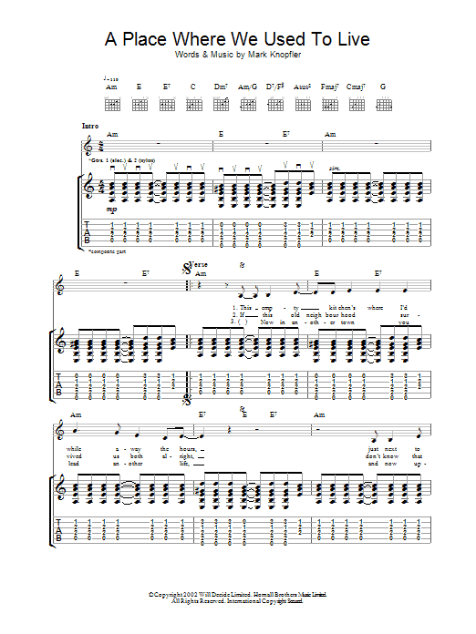 Download Mark Knopfler A Place Where We Used To Live Sheet Music and learn how to play Guitar Tab PDF digital score in minutes