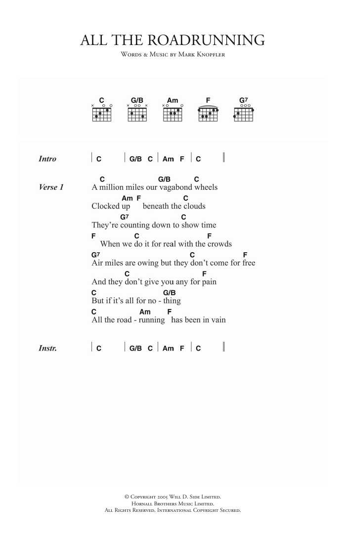 Download Mark Knopfler All The Roadrunning Sheet Music and learn how to play Lyrics & Chords PDF digital score in minutes