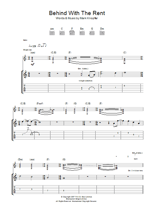 Download Mark Knopfler Behind With The Rent Sheet Music and learn how to play Guitar Tab PDF digital score in minutes
