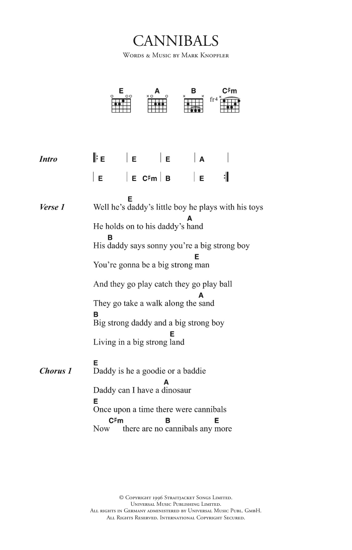 Download Mark Knopfler Cannibals Sheet Music and learn how to play Lyrics & Chords PDF digital score in minutes