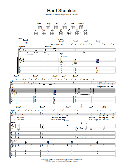 Download Mark Knopfler Hard Shoulder Sheet Music and learn how to play Guitar Tab PDF digital score in minutes