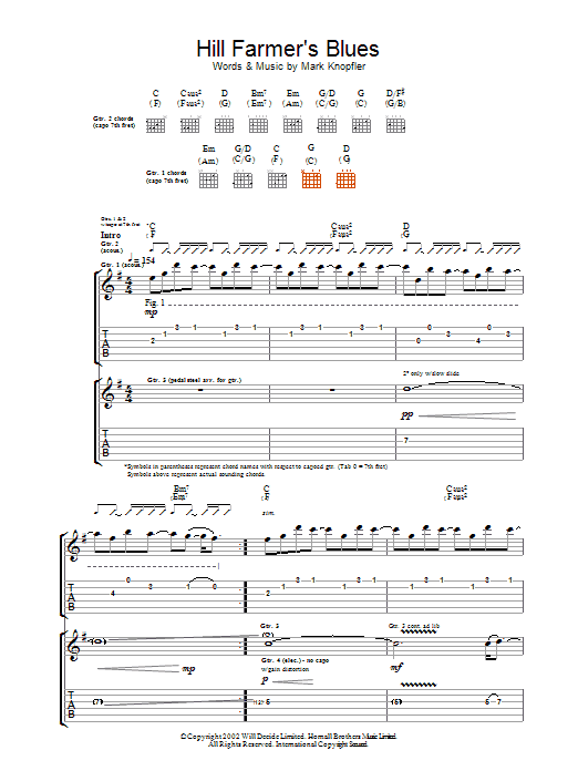 Download Mark Knopfler Hill Farmer's Blues Sheet Music and learn how to play Lyrics & Chords PDF digital score in minutes