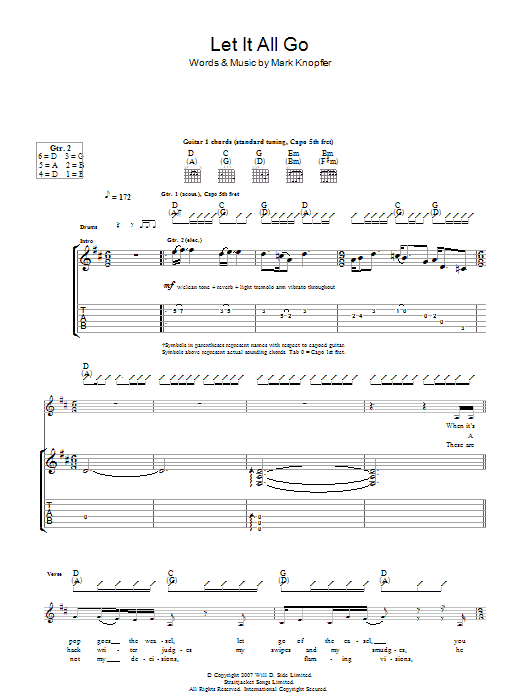 Download Mark Knopfler Let It All Go Sheet Music and learn how to play Guitar Tab PDF digital score in minutes
