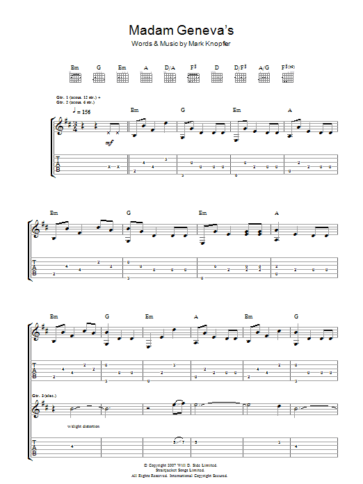 Download Mark Knopfler Madame Geneva's Sheet Music and learn how to play Guitar Tab PDF digital score in minutes