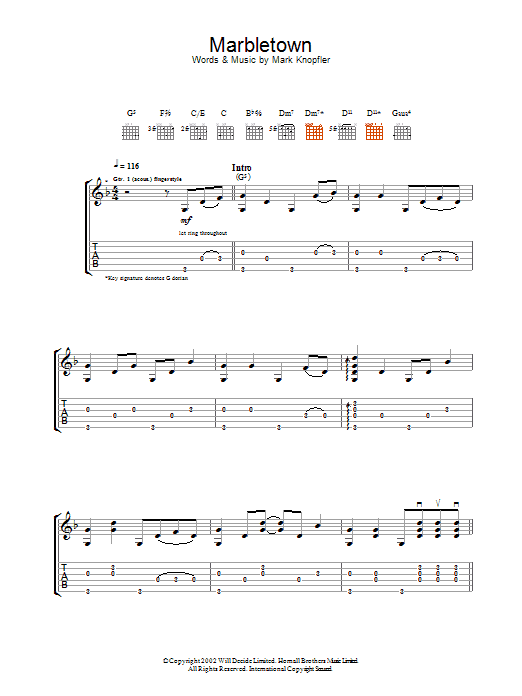 Download Mark Knopfler Marbletown Sheet Music and learn how to play Guitar Tab PDF digital score in minutes