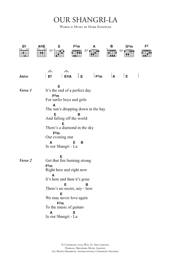 Download Mark Knopfler Our Shangri-La Sheet Music and learn how to play Lyrics & Chords PDF digital score in minutes