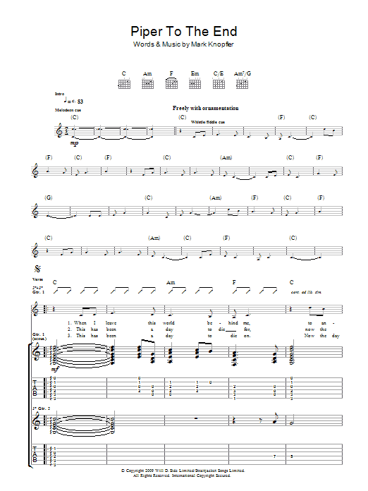 Download Mark Knopfler Piper To The End Sheet Music and learn how to play Guitar Tab PDF digital score in minutes