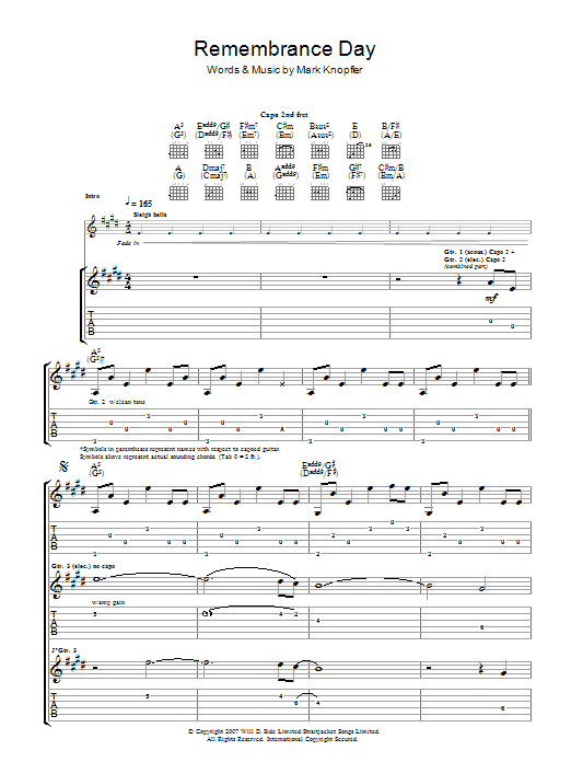 Download Mark Knopfler Remembrance Day Sheet Music and learn how to play Guitar Tab PDF digital score in minutes