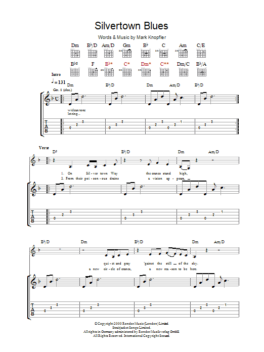 Download Mark Knopfler Silvertown Blues Sheet Music and learn how to play Guitar Tab PDF digital score in minutes