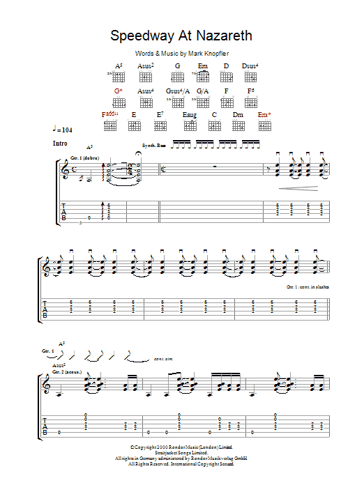 Download Mark Knopfler Speedway At Nazareth Sheet Music and learn how to play Guitar Tab PDF digital score in minutes