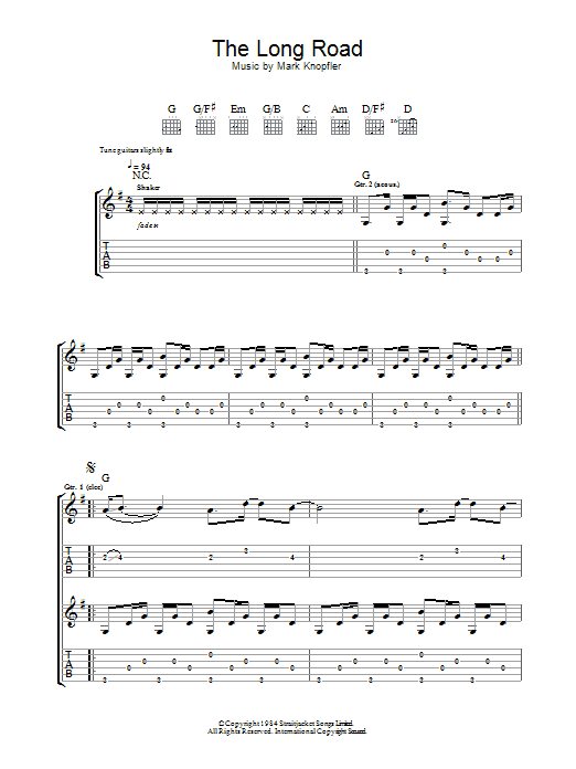 Download Mark Knopfler The Long Road (from Cal) Sheet Music and learn how to play Guitar Tab PDF digital score in minutes