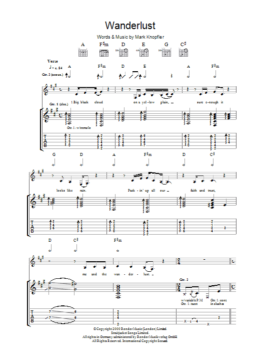 Download Mark Knopfler The Wanderlust Sheet Music and learn how to play Guitar Tab PDF digital score in minutes