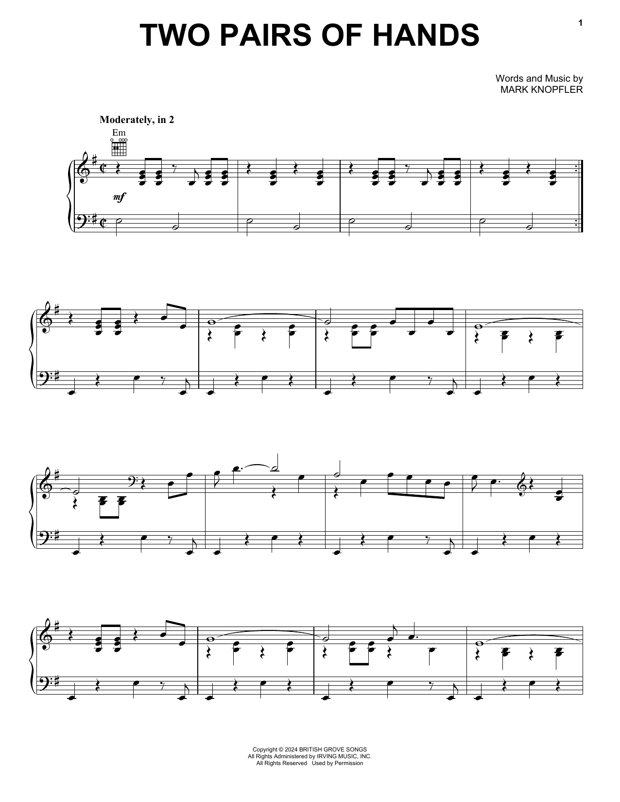 Download Mark Knopfler Two Pairs Of Hands Sheet Music and learn how to play Piano, Vocal & Guitar Chords (Right-Hand Melody) PDF digital score in minutes