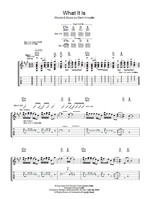 Download Mark Knopfler What It Is Sheet Music and learn how to play Guitar Tab PDF digital score in minutes