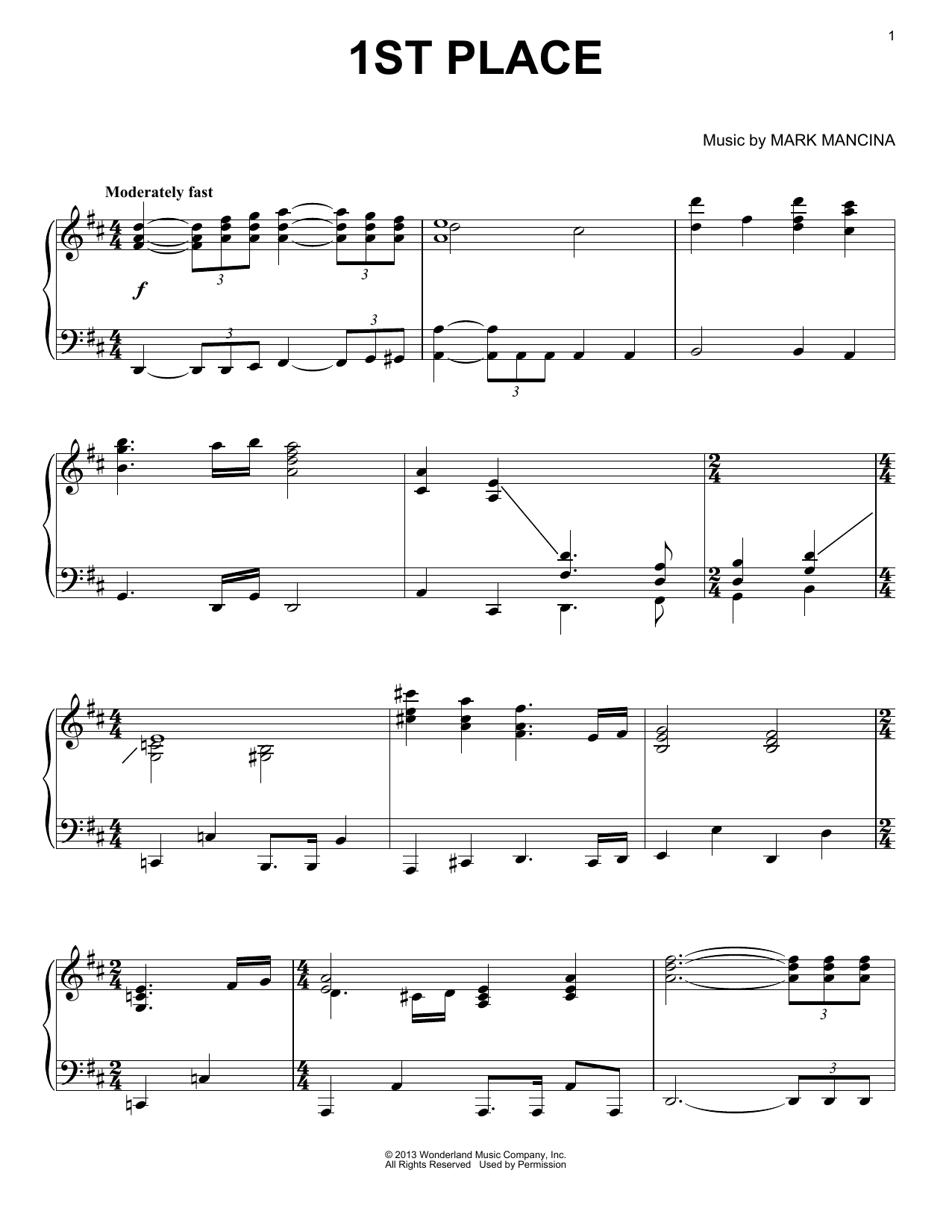 Download Mark Mancina 1st Place Sheet Music and learn how to play Piano PDF digital score in minutes