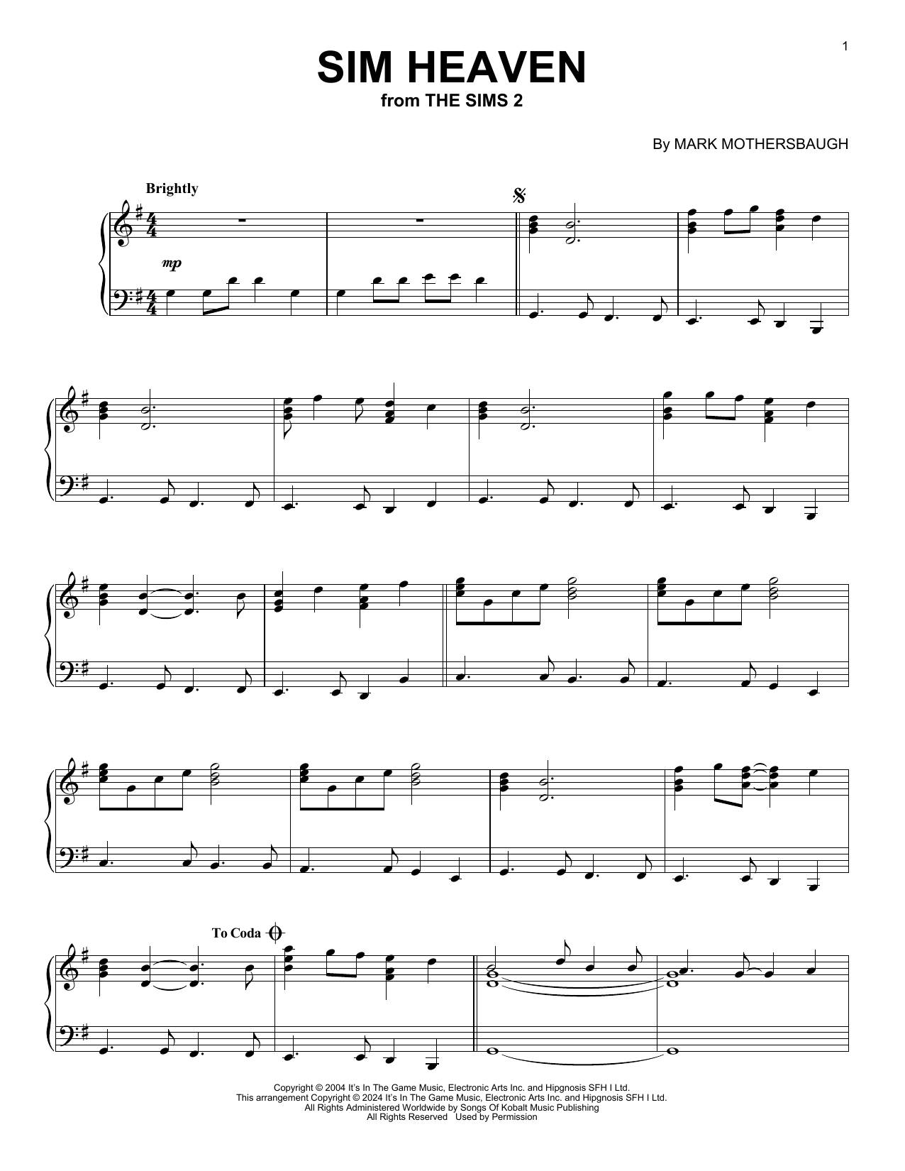 Download Mark Mothersbaugh Sim Heaven (from The Sims 2) Sheet Music and learn how to play Piano Solo PDF digital score in minutes