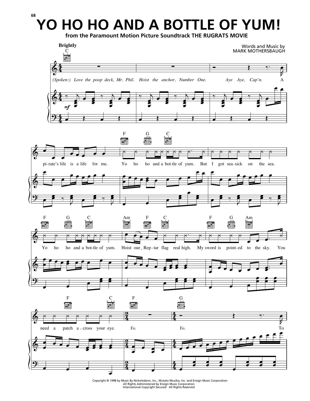 Download Mark Mothersbaugh Yo Ho Ho And A Bottle Of Yum! (from The Rugrats Movie) Sheet Music and learn how to play Piano, Vocal & Guitar Chords (Right-Hand Melody) PDF digital score in minutes