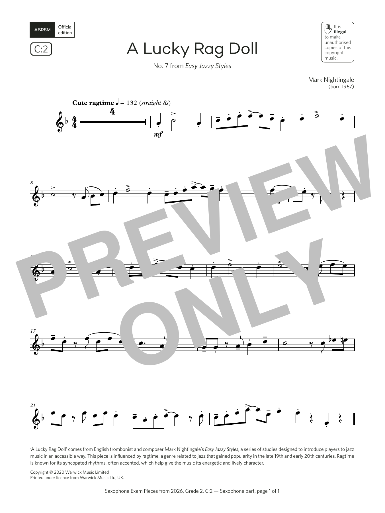 Download Mark Nightingale A Lucky Rag Doll (Grade 2, list C2, from the ABRSM Saxophone Syllabus from 2026) Sheet Music and learn how to play Alto Sax Solo PDF digital score in minutes