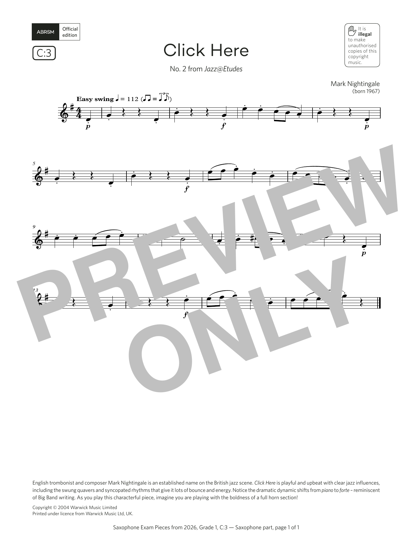 Download Mark Nightingale Click Here (Grade 1, list C3, from the ABRSM Saxophone Syllabus from 2026) Sheet Music and learn how to play Alto Sax Solo PDF digital score in minutes