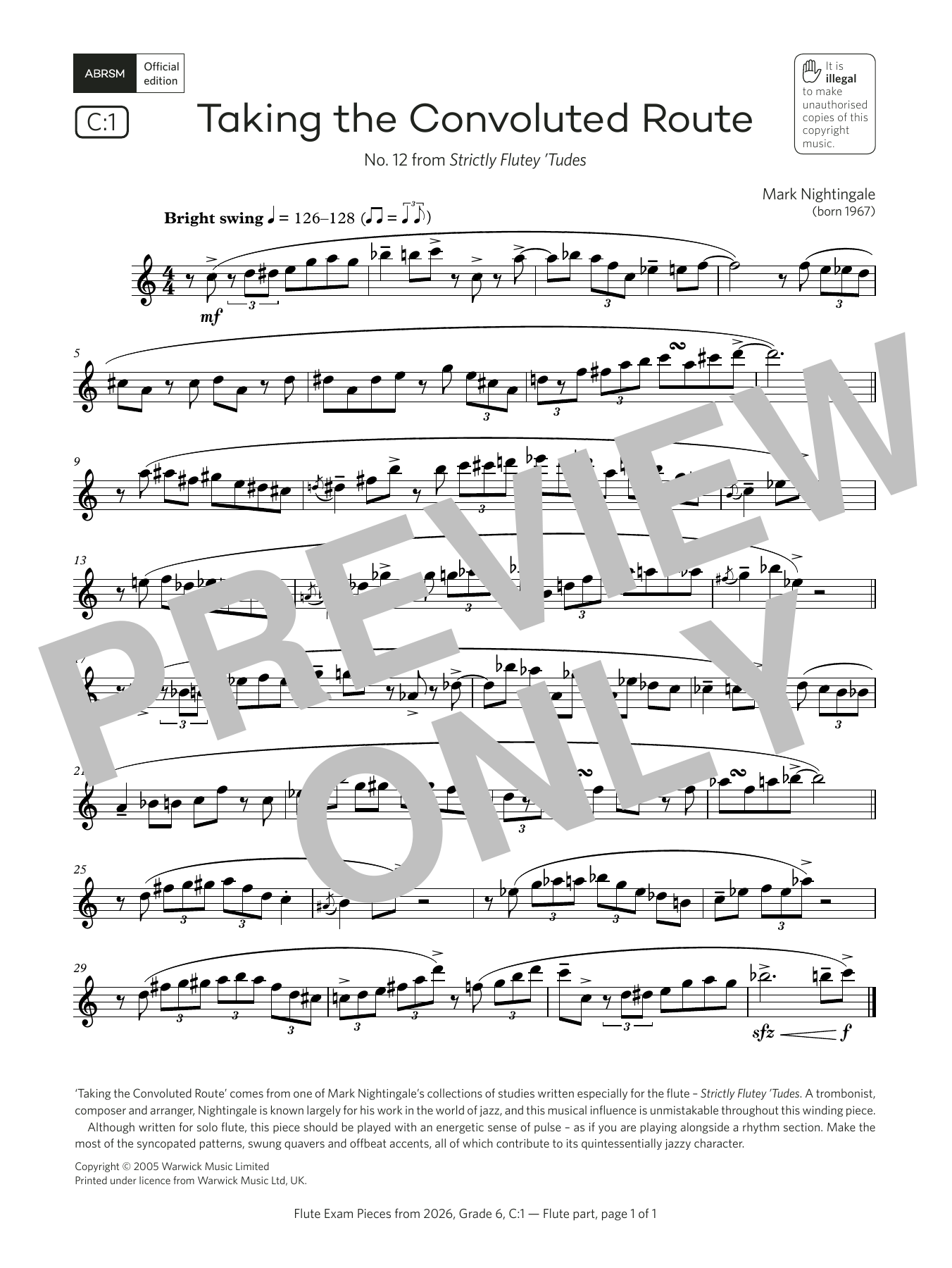 Download Mark Nightingale Taking the Convoluted Route (Grade 6, list C1, from the ABRSM Flute Syllabus fro Sheet Music and learn how to play Flute Solo PDF digital score in minutes