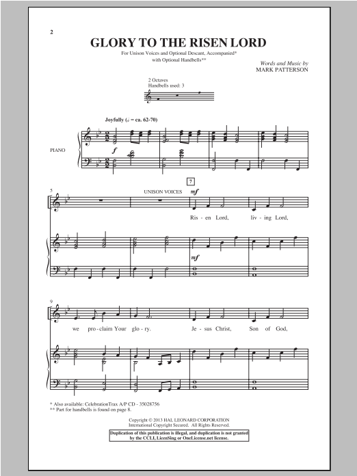 Download Mark Patterson Glory To the Risen Lord Sheet Music and learn how to play Unison Voice PDF digital score in minutes