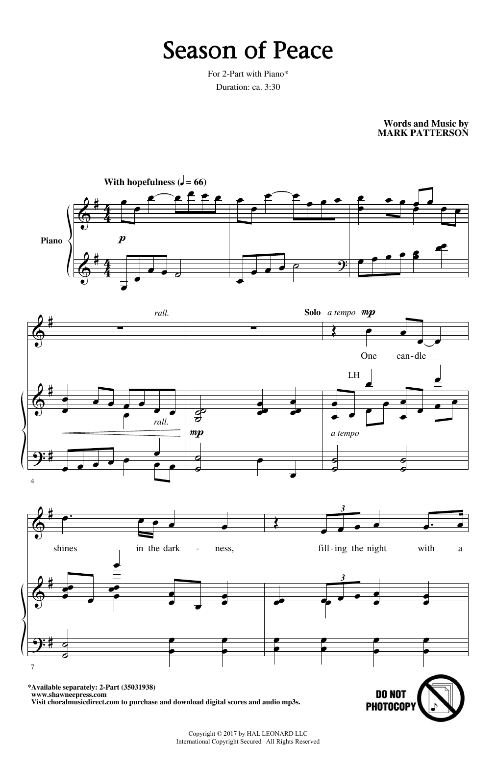 Download Mark Patterson Season Of Peace Sheet Music and learn how to play 2-Part Choir PDF digital score in minutes