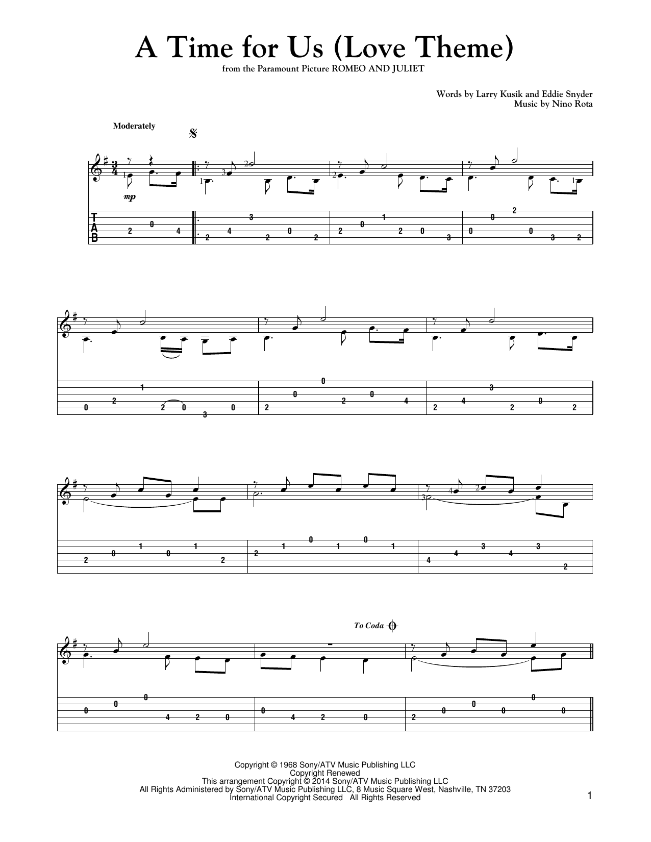 Download Nino Rota A Time For Us (Love Theme) Sheet Music and learn how to play Guitar Tab PDF digital score in minutes