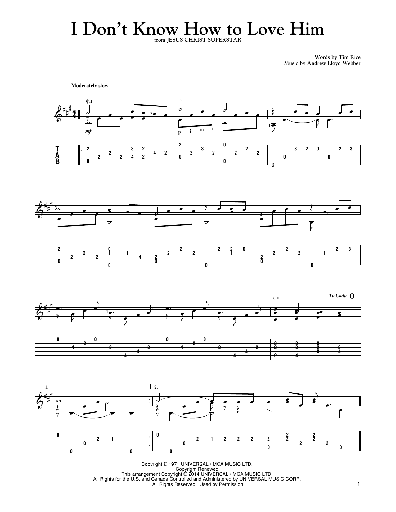 Download Andrew Lloyd Webber I Don't Know How To Love Him Sheet Music and learn how to play Guitar Tab PDF digital score in minutes