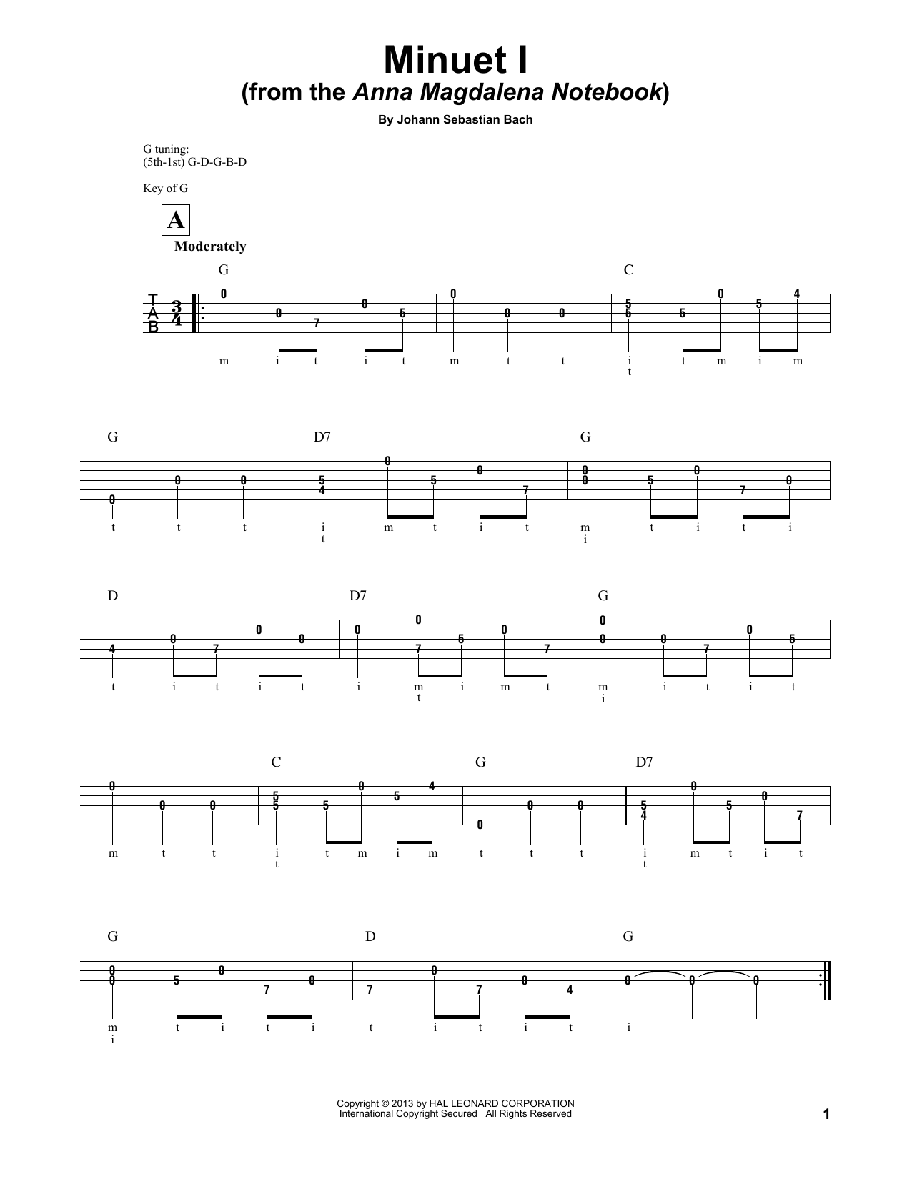 Download Mark Phillips Minuet I (Anna Magdalena) Sheet Music and learn how to play Banjo PDF digital score in minutes