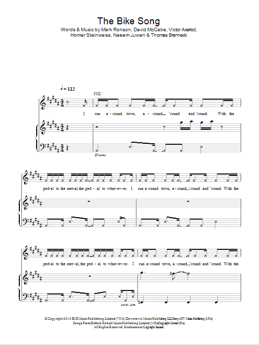 Download Mark Ronson & The Business Intl. The Bike Song Sheet Music and learn how to play Piano, Vocal & Guitar (Right-Hand Melody) PDF digital score in minutes