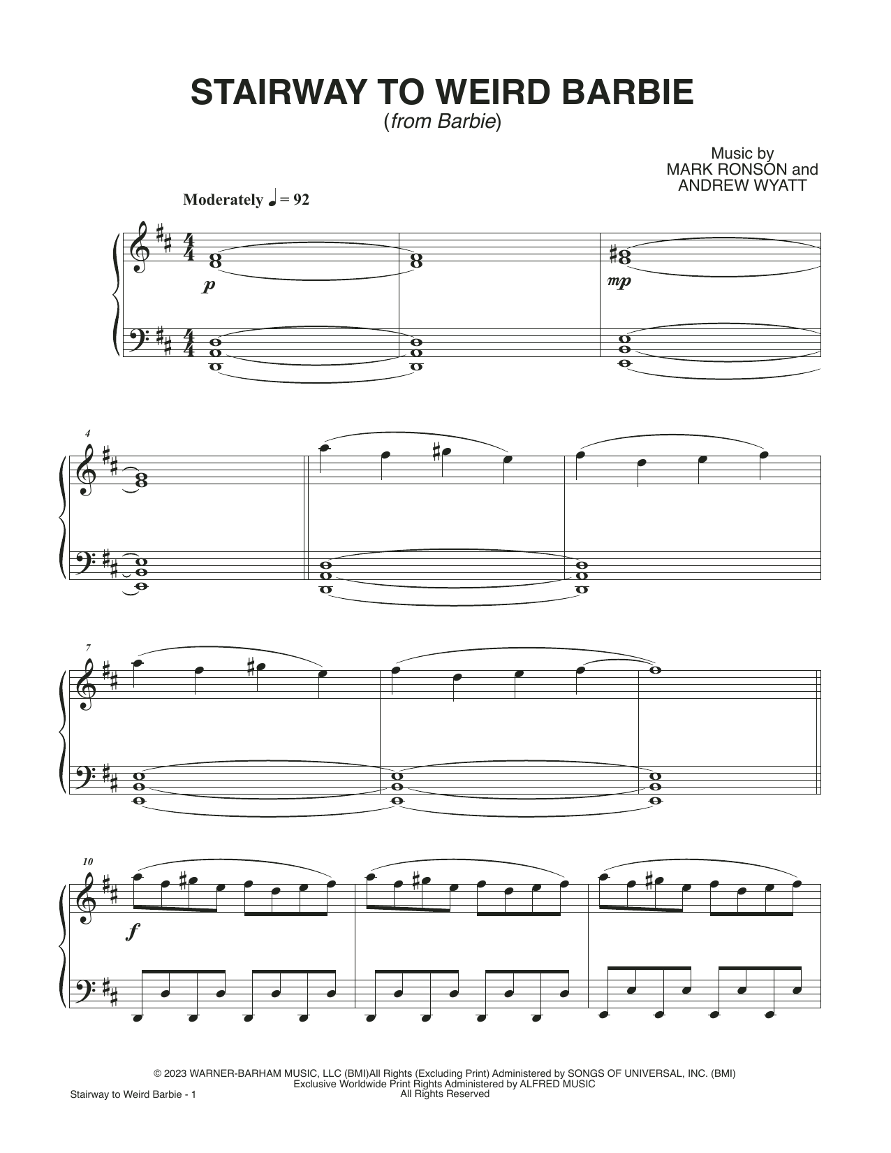 Download Mark Ronson and Andrew Wyatt Stairway To Weird Barbie (from Barbie) Sheet Music and learn how to play Piano Solo PDF digital score in minutes